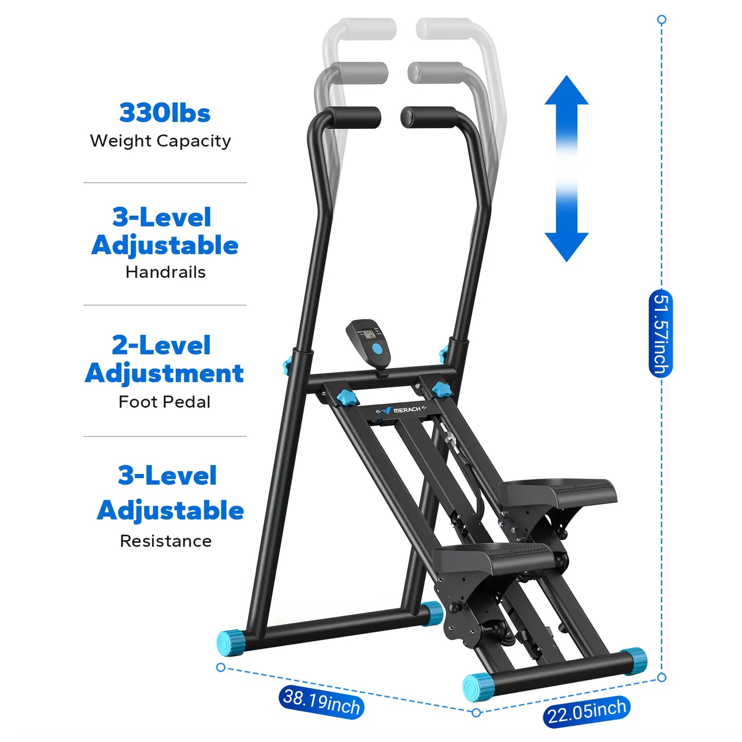Merach Stair Stepper with Handlebar – 330 lbs capacity, adjustable pedals, compact vertical climber for full-body home/outdoor use.