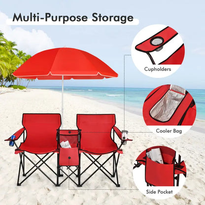 Double Camping Chairs with Umbrella & Cooler – Perfect for Football & Baseball Games