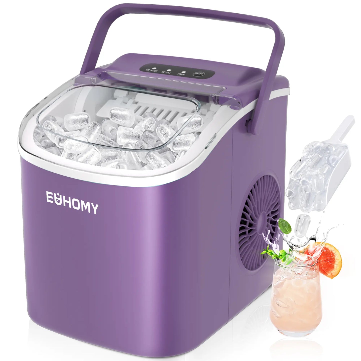 EUHOMY Ice Maker Countertop with Handle, 26lbs in 24Hrs, 9 Ice Cubes Ready in 6 Mins, Auto-Cleaning Portable Ice Maker with Basket and Scoop, for Home/Kitchen/Camping/RV. (2024 New Silver) Utensils
