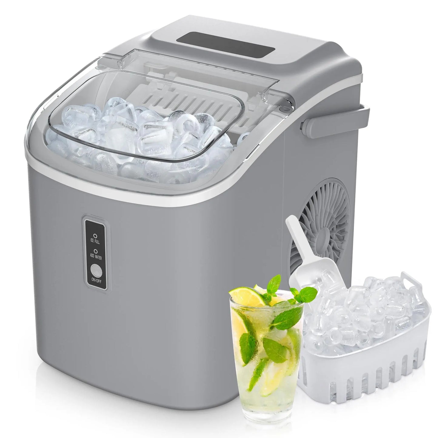 EUHOMY Ice Maker Countertop with Handle, 26lbs in 24Hrs, 9 Ice Cubes Ready in 6 Mins, Auto-Cleaning Portable Ice Maker with Basket and Scoop, for Home/Kitchen/Camping/RV. (2024 New Silver) Utensils