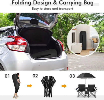 Double Camping Chairs with Umbrella & Cooler – Perfect for Football & Baseball Games