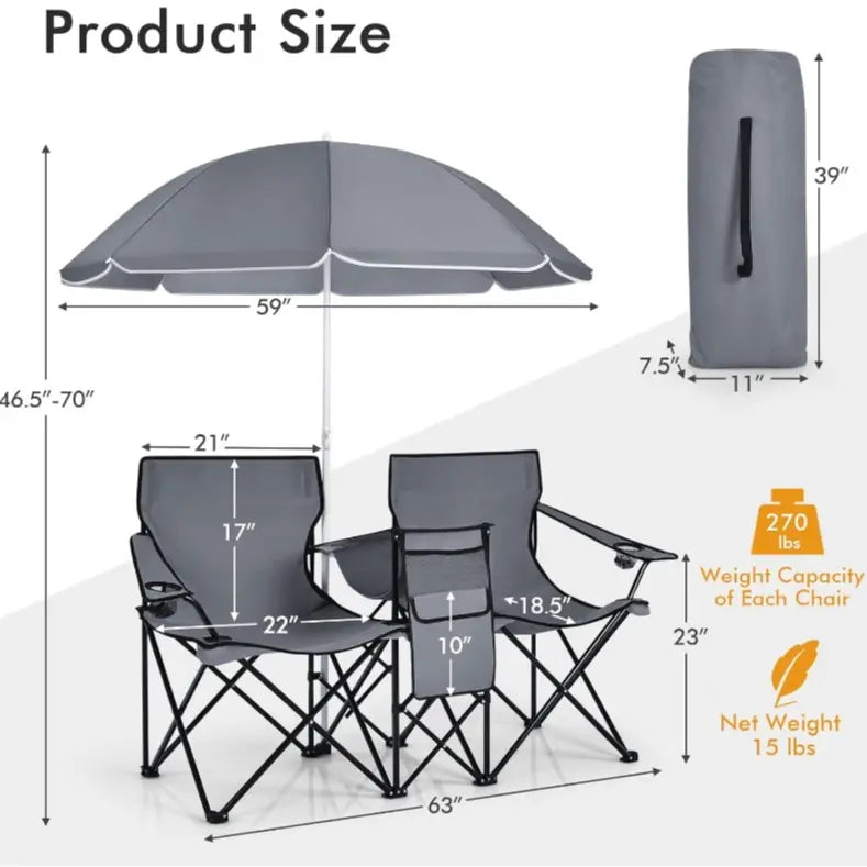Double Camping Chairs with Umbrella & Cooler – Perfect for Football & Baseball Games