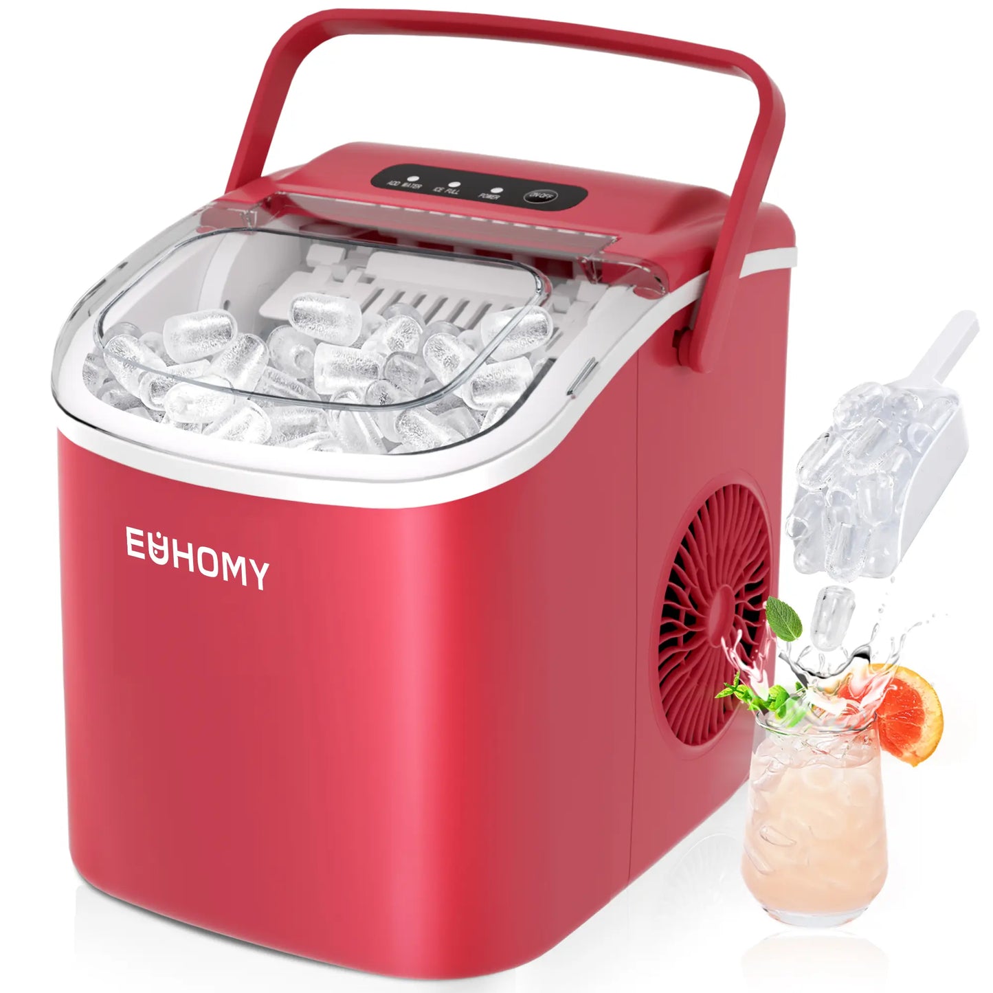 EUHOMY Ice Maker Countertop with Handle, 26lbs in 24Hrs, 9 Ice Cubes Ready in 6 Mins, Auto-Cleaning Portable Ice Maker with Basket and Scoop, for Home/Kitchen/Camping/RV. (2024 New Silver) Utensils