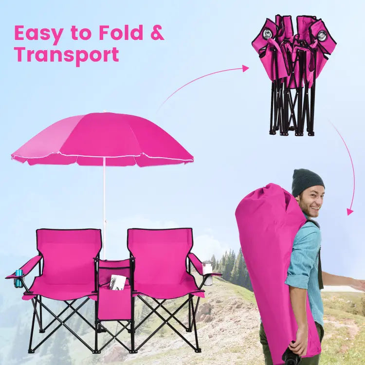 Double Camping Chairs with Umbrella & Cooler – Perfect for Football & Baseball Games