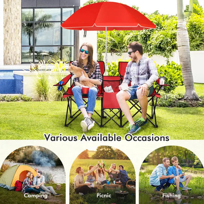 Double Camping Chairs with Umbrella & Cooler – Perfect for Football & Baseball Games