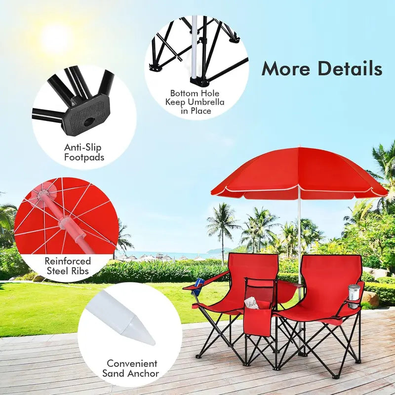 Double Camping Chairs with Umbrella & Cooler – Perfect for Football & Baseball Games