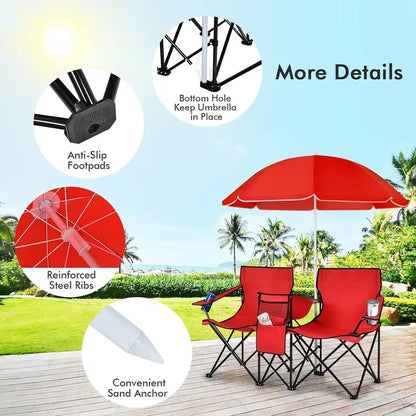 Double Camping Chairs with Umbrella & Cooler – Perfect for Football & Baseball Games