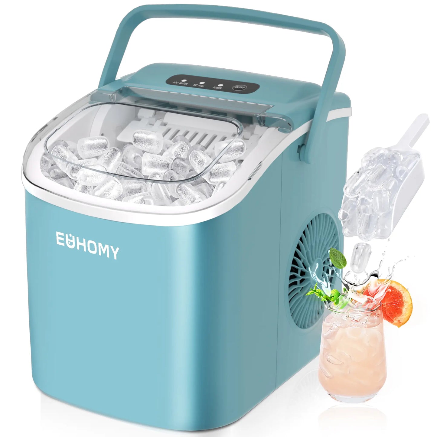 EUHOMY Ice Maker Countertop with Handle, 26lbs in 24Hrs, 9 Ice Cubes Ready in 6 Mins, Auto-Cleaning Portable Ice Maker with Basket and Scoop, for Home/Kitchen/Camping/RV. (2024 New Silver) Utensils